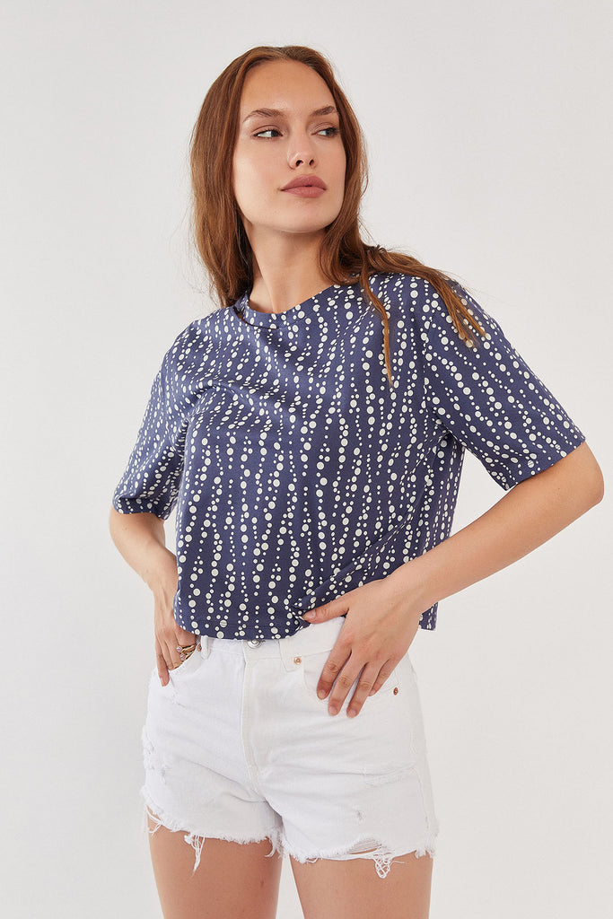 %100 Pamuk Puantiye Desenli Yaka Detaylı T-Shirt Koyu Mavi - Nalu