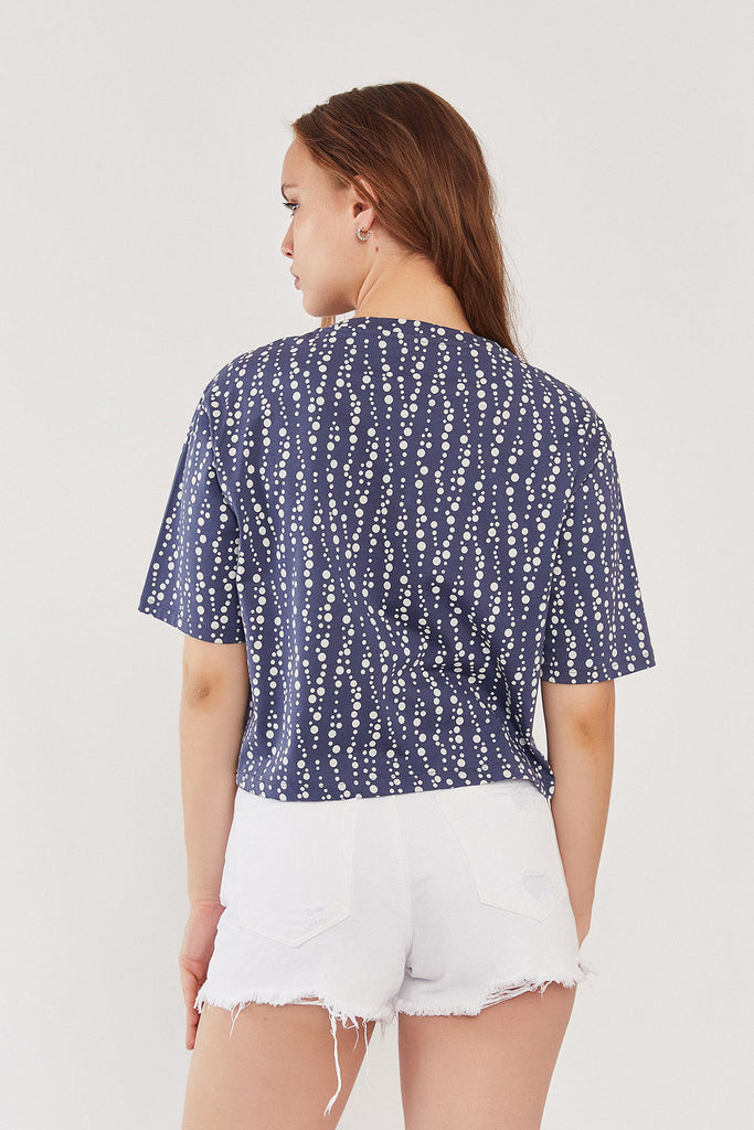 %100 Pamuk Puantiye Desenli Yaka Detaylı T-Shirt Koyu Mavi - Nalu